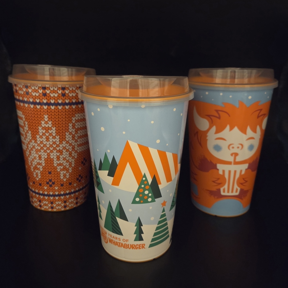 Whataburger 75th Anniversary Holiday Collector Cups With Reusable Lids, Set Of 3